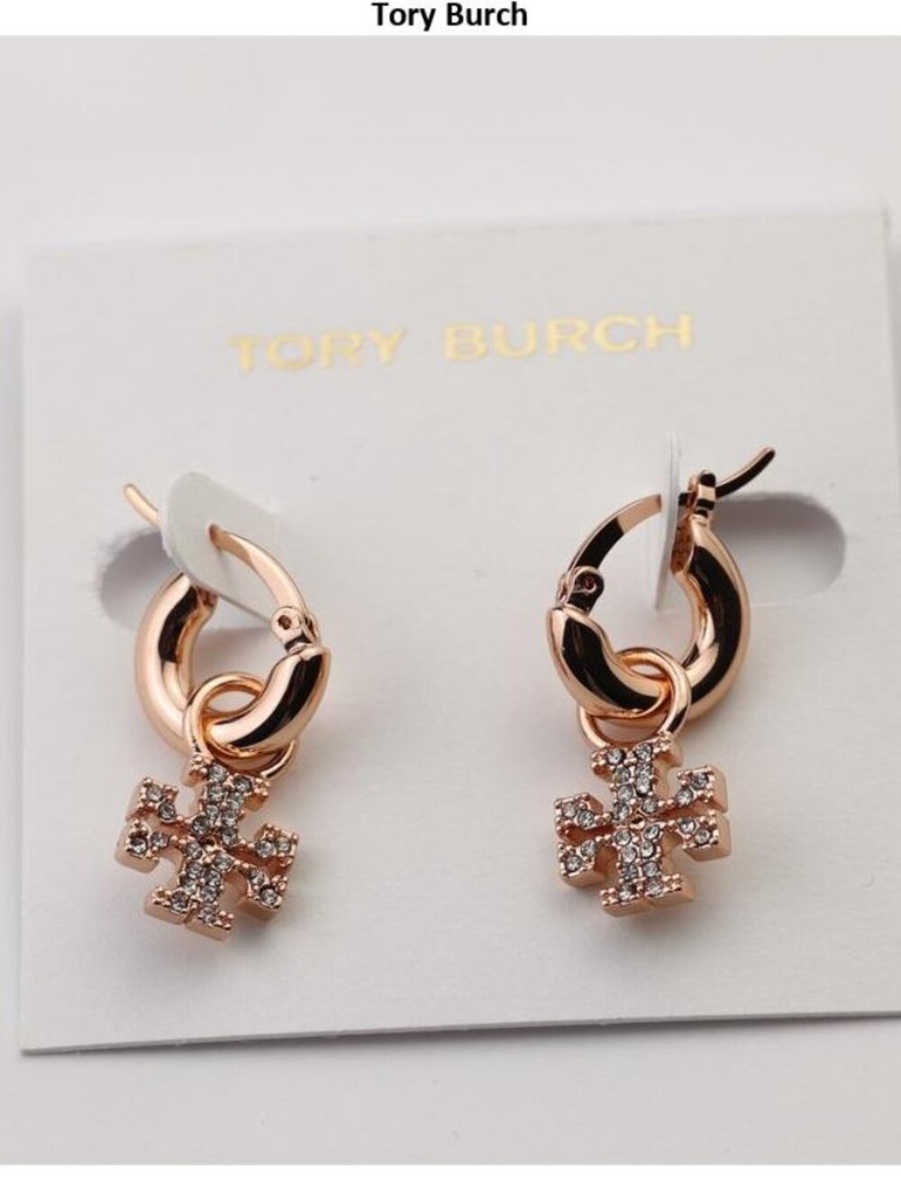 Tory Burch Rose Gold Crystal Logo Drop Hoop Earrings